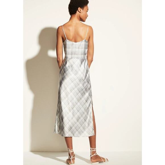 $345 Vince Powder Blue Hazy Plaid Cowl Neck Satin Slip Dress 12 NEW - Picture 2 of 12
